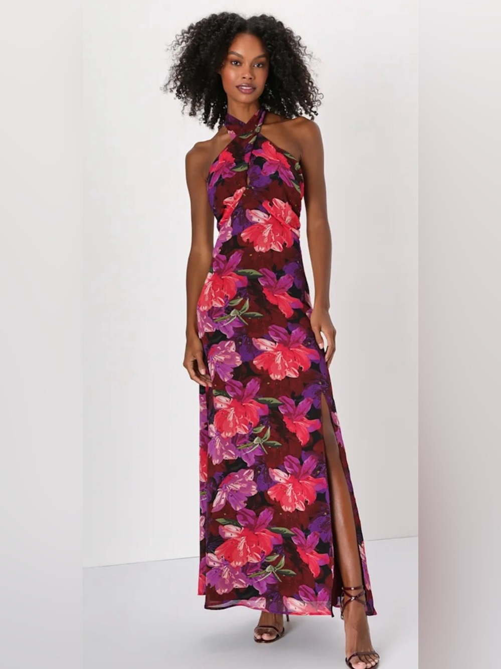 Lulu's Burgundy Floral Halter Maxi Dress with Pink & Purple Blooms